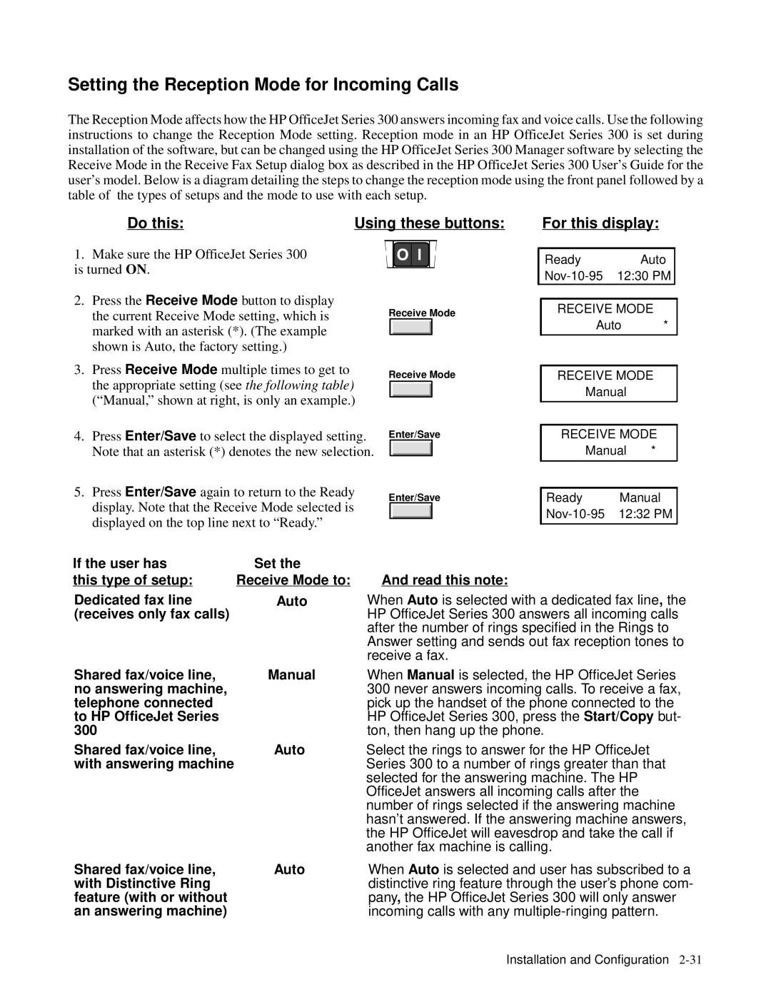 HP 330, 350 manual Setting the Reception Mode for Incoming Calls 