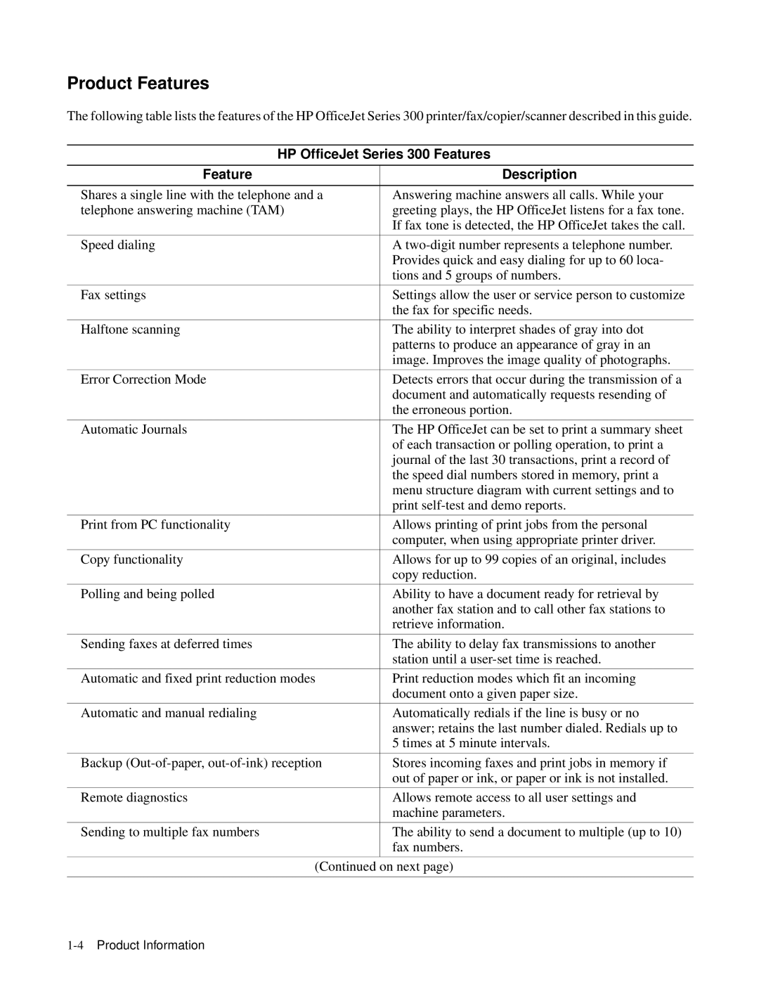 HP 350, 330 manual Product Features, HP OfficeJet Series 300 Features Description 