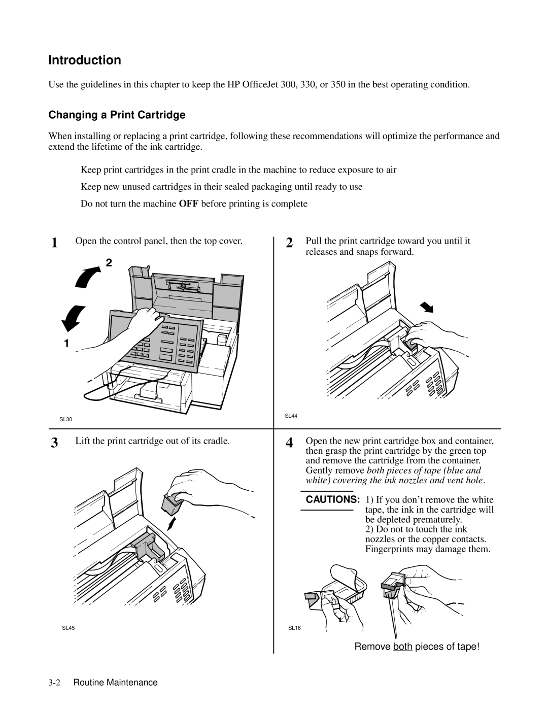 HP 350, 330 manual Changing a Print Cartridge, White covering the ink nozzles and . vent hole 