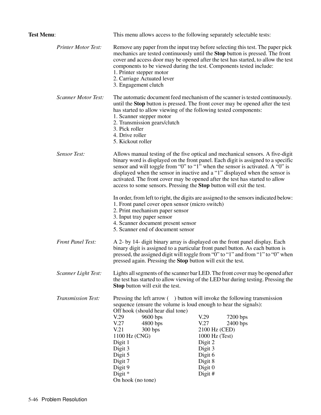 HP 350, 330 manual Test Menu 