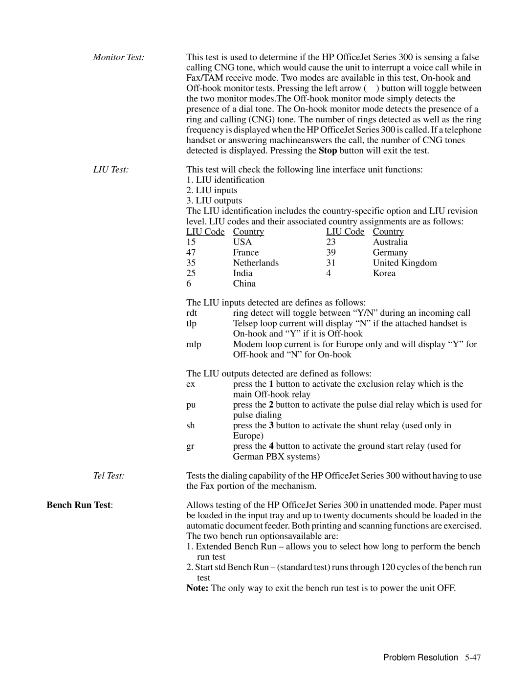 HP 330, 350 manual Usa, Bench Run Test 