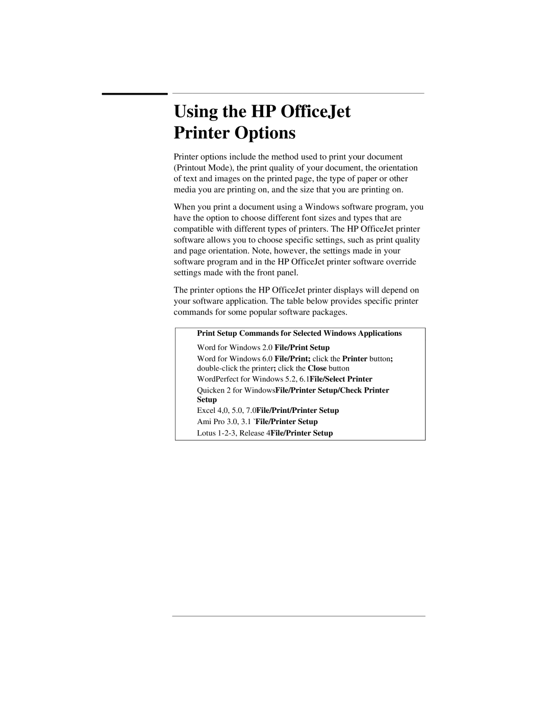 HP 350, 330 manual Using the HP OfficeJet Printer Options, Print Setup Commands for Selected Windows Applications 