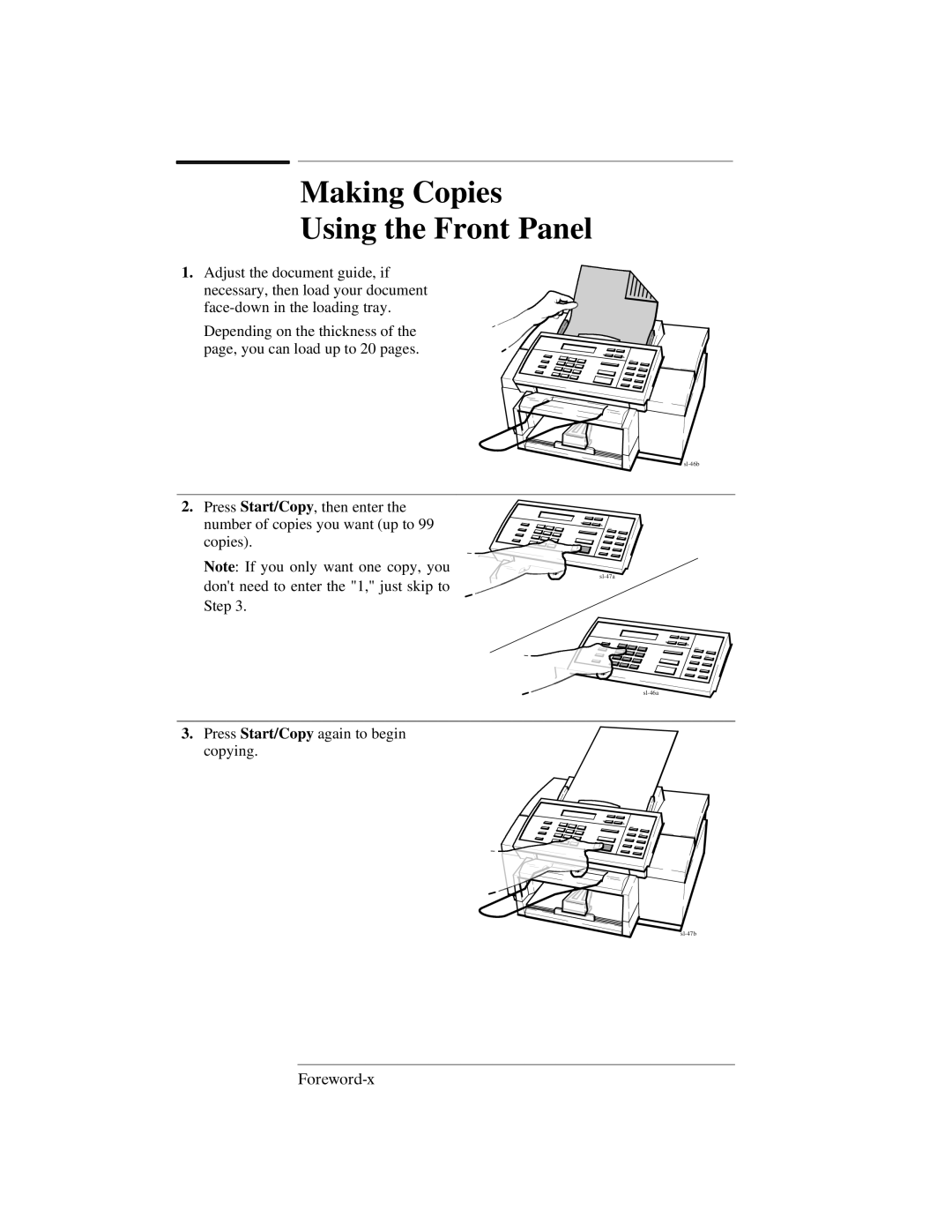 HP 330, 350 manual Ruhzrug sl-47b, Making Copies Using the Front Panel 