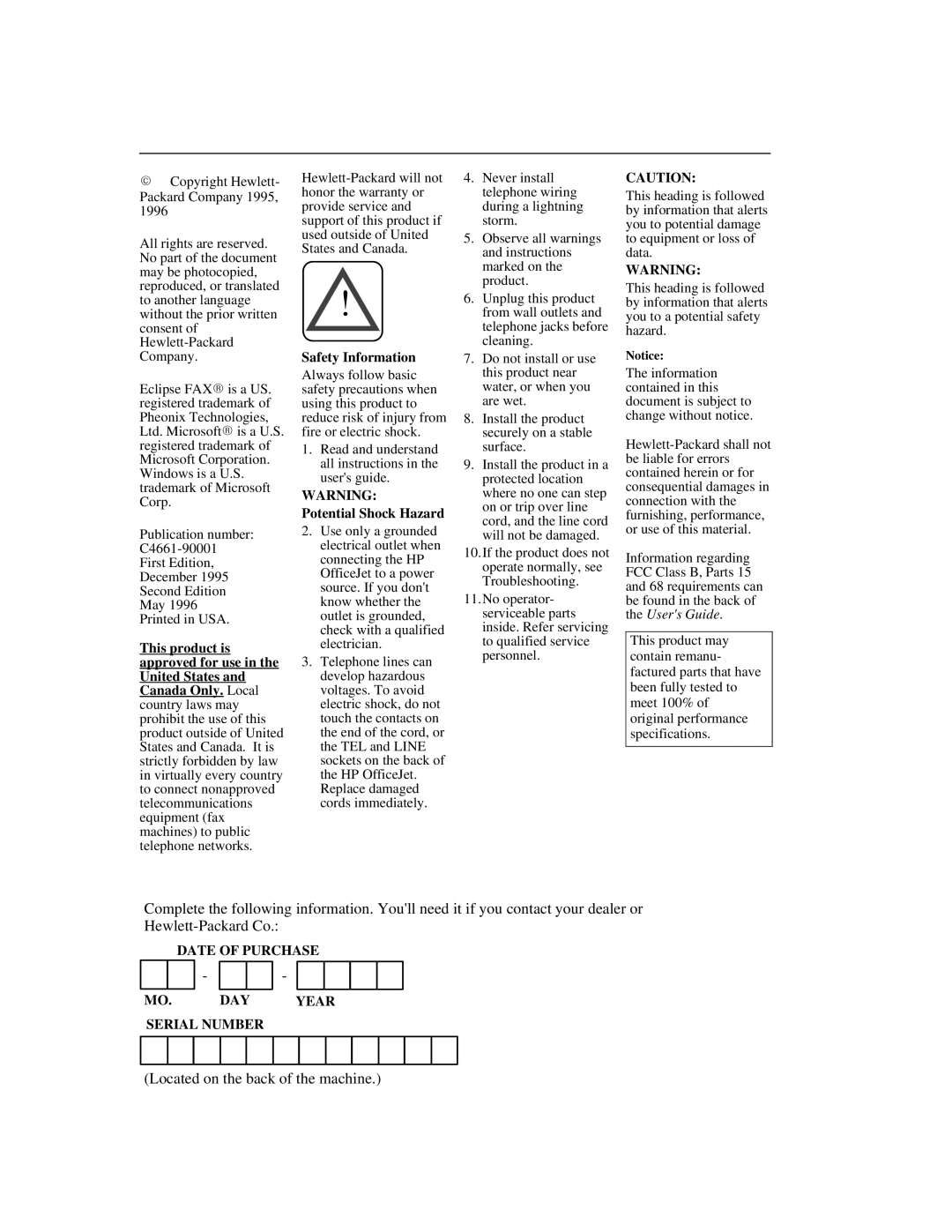 HP 330, 350 manual Safety Information, Potential Shock Hazard 