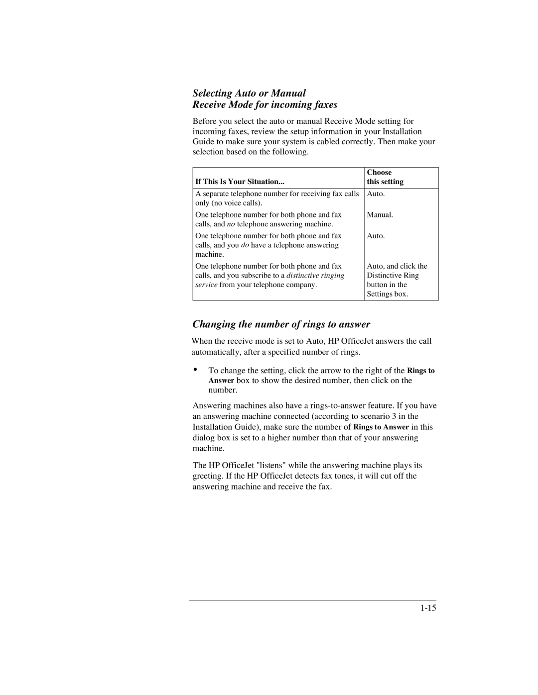 HP 350, 330 manual Selecting Auto or Manual Receive Mode for incoming faxes, Changing the number of rings to answer, Choose 