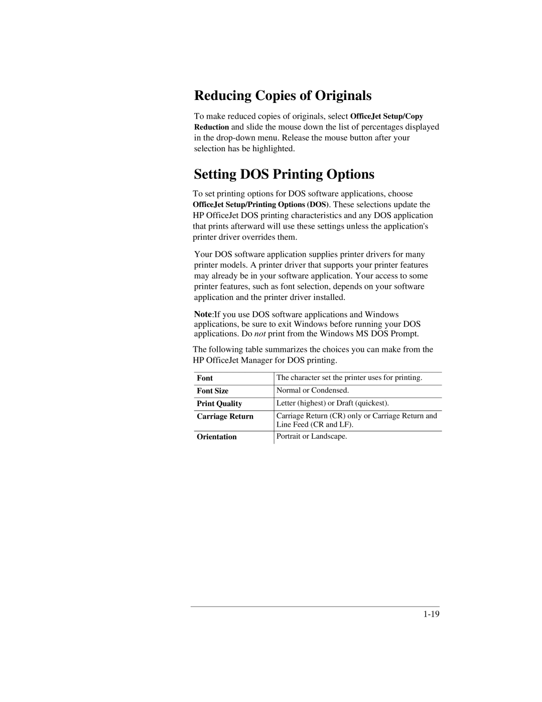 HP 350, 330 manual Reducing Copies of Originals, Setting DOS Printing Options 