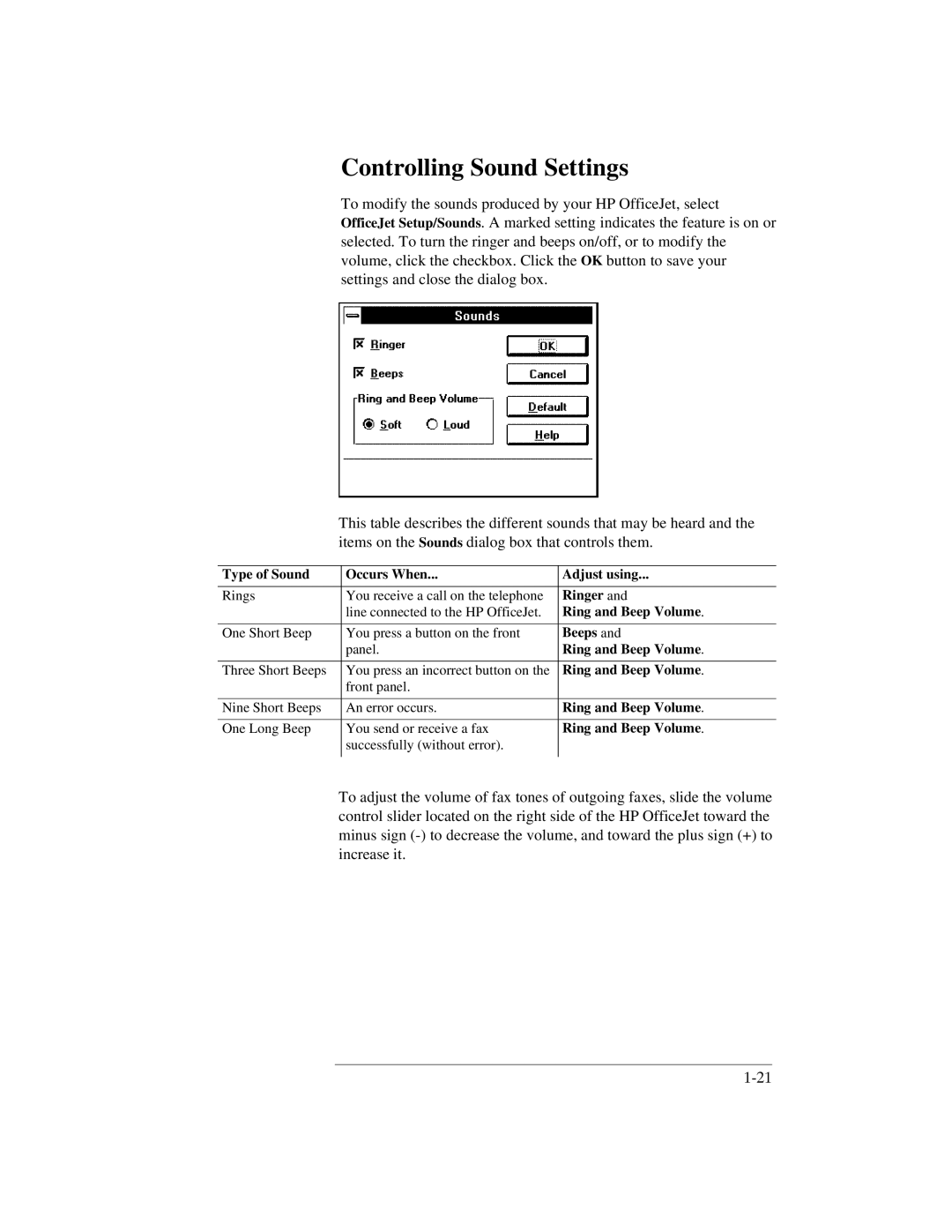 HP 350, 330 manual Controlling Sound Settings, Type of Sound Occurs When Adjust using, Ringer, Ring and Beep Volume, Beeps 