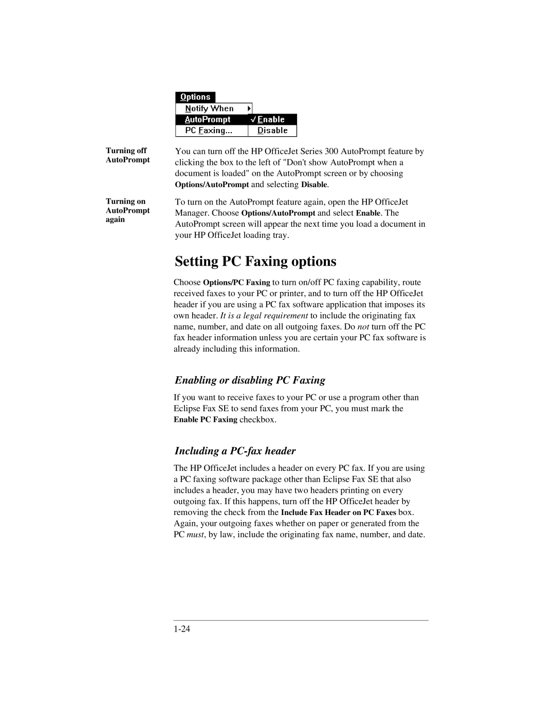 HP 330, 350 manual Setting PC Faxing options, Enabling or disabling PC Faxing, Including a PC-fax header 