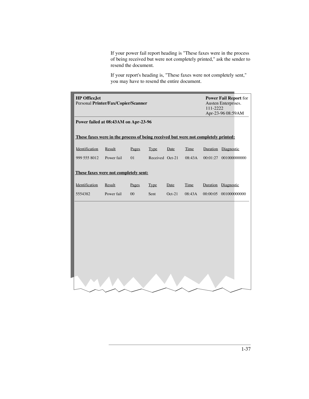 HP 350, 330 manual These faxes were not completely sent 