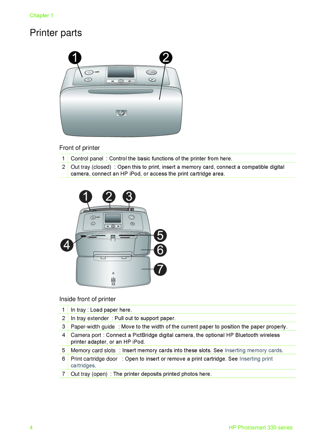 HP 330 manual Printer parts, Front of printer, Inside front of printer 