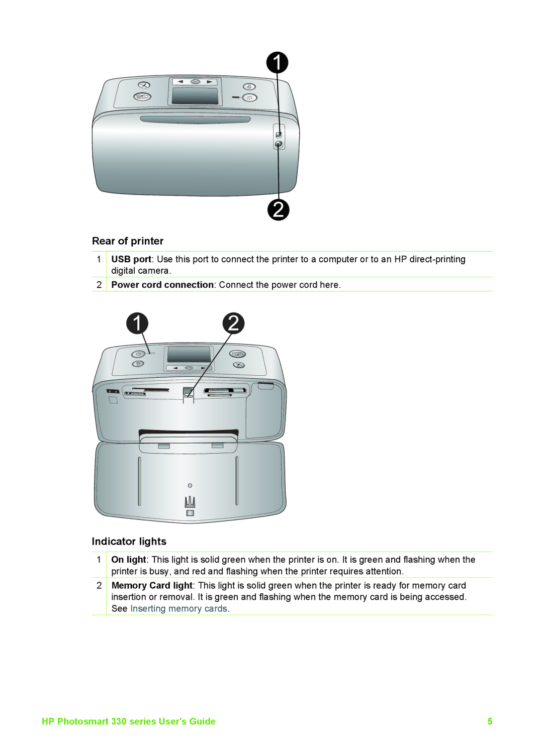 HP 330 manual Rear of printer, Indicator lights 