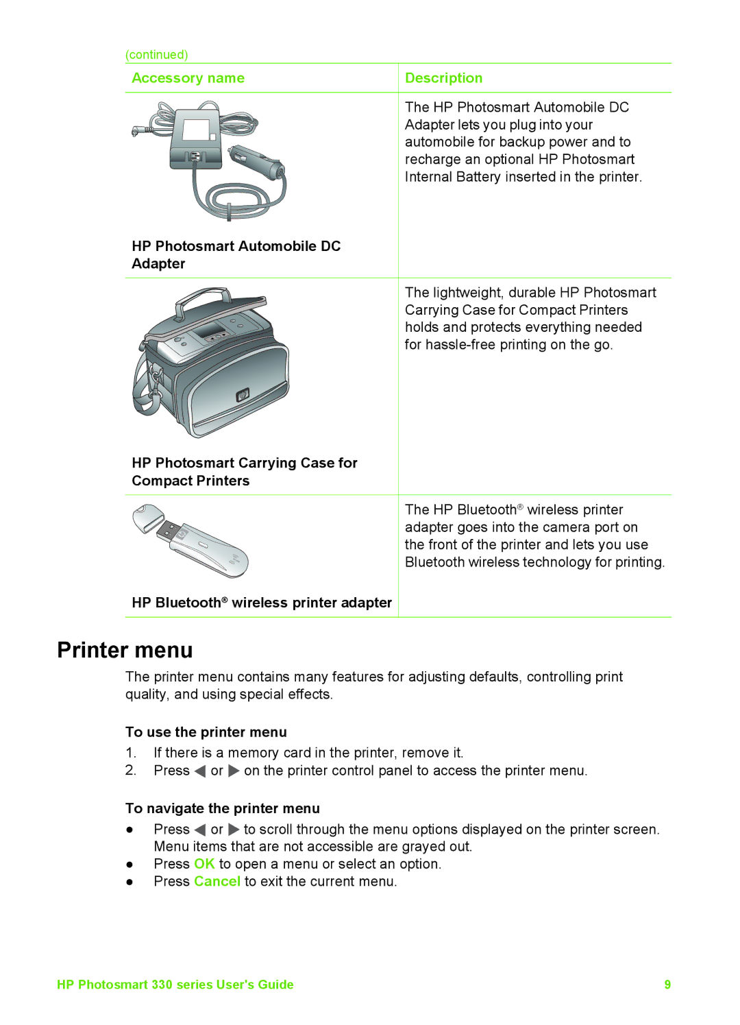 HP 330 manual Printer menu, To use the printer menu, To navigate the printer menu 