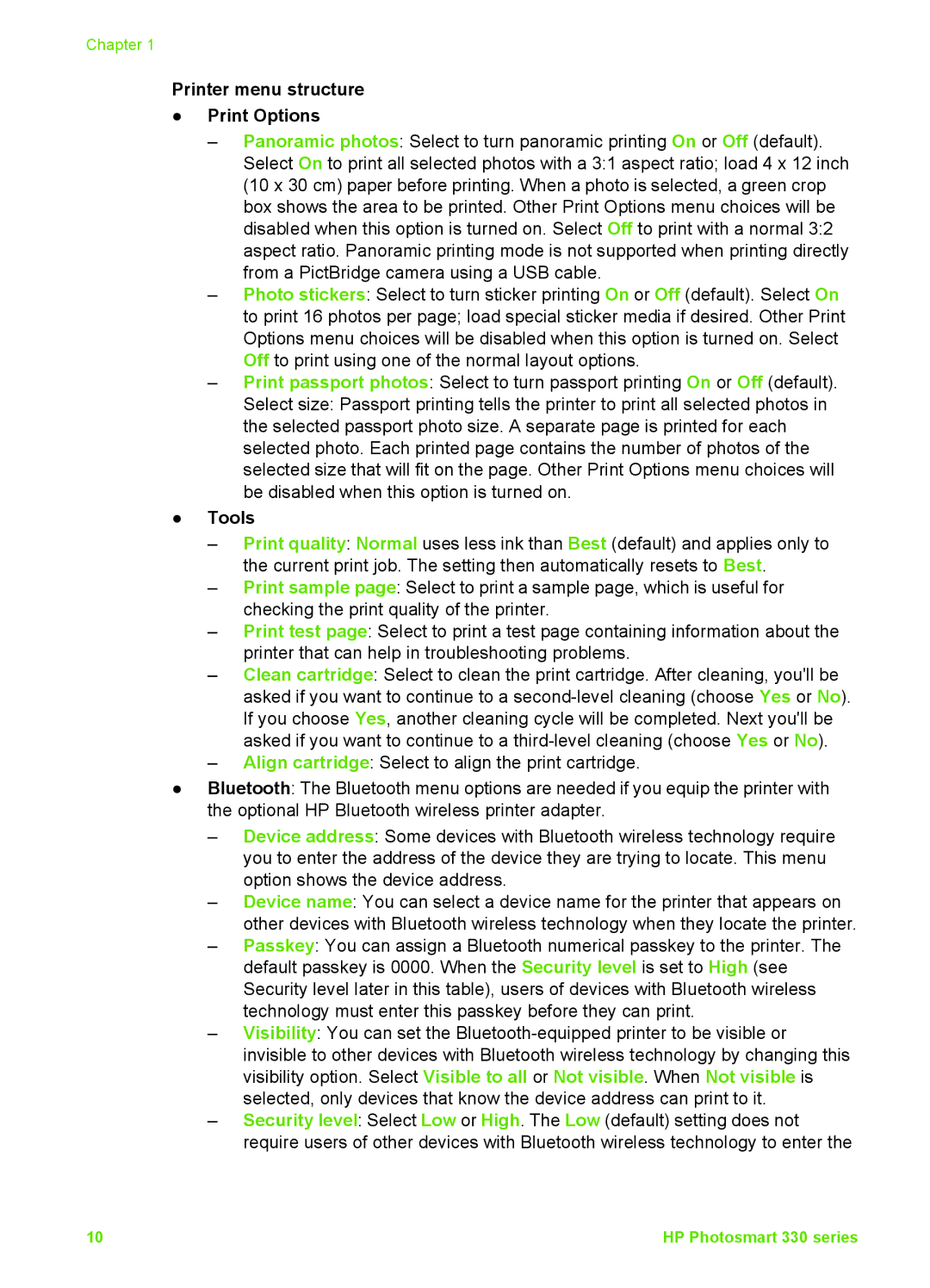 HP 330 manual Printer menu structure Print Options, Tools 