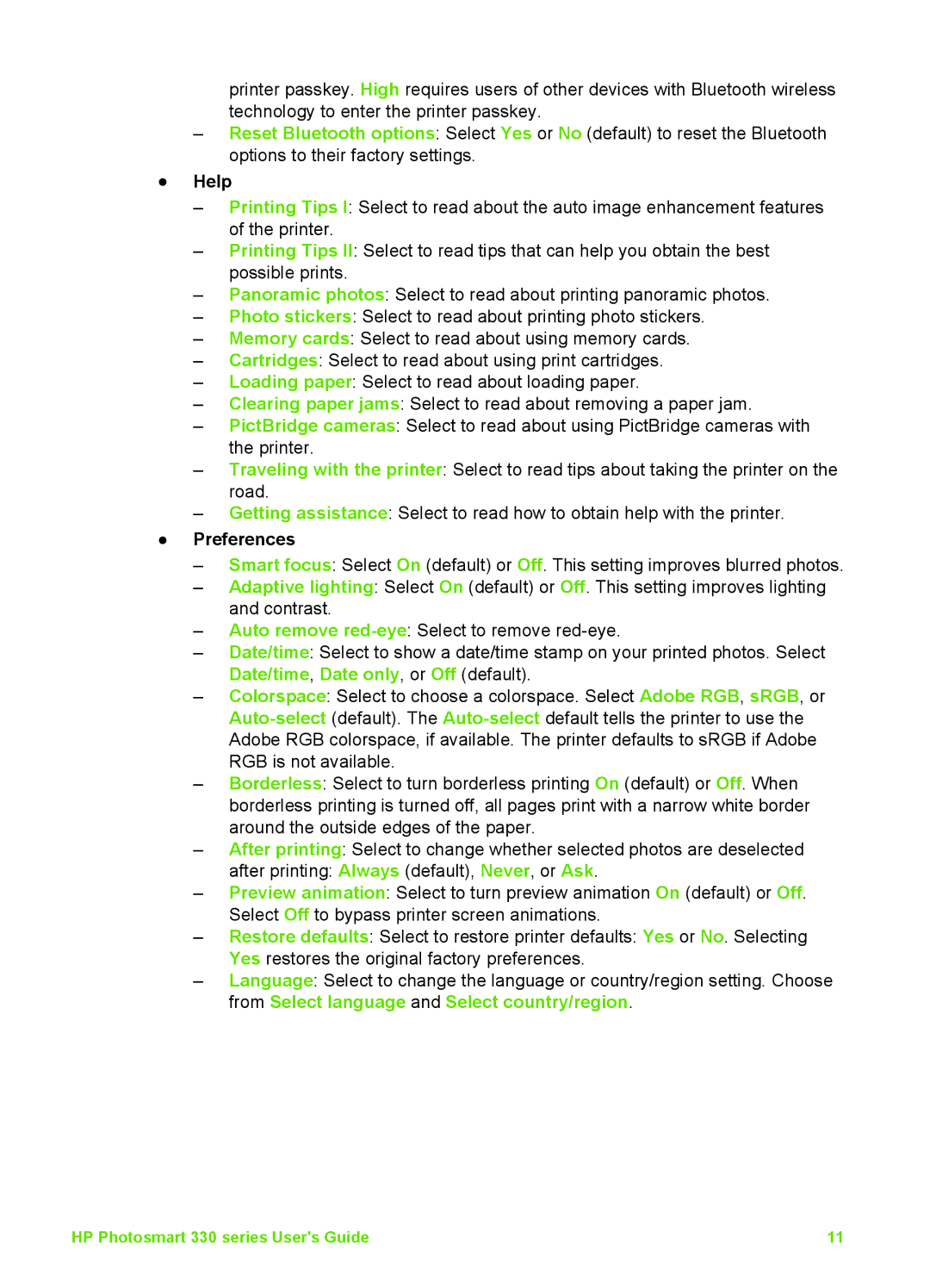 HP 330 manual Help, Preferences 