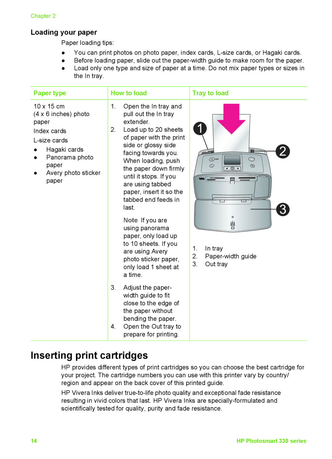 HP 330 manual Inserting print cartridges, Loading your paper, Paper type, How to load, Tray to load 