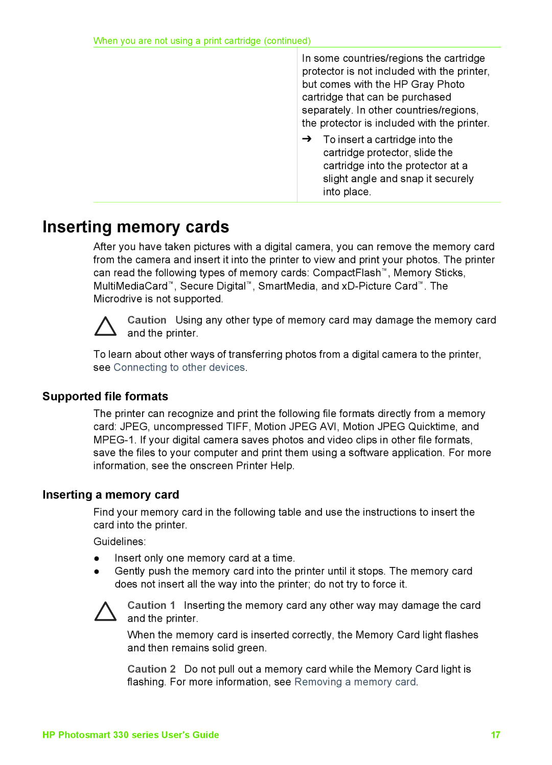 HP 330 manual Inserting memory cards, Supported file formats, Inserting a memory card 