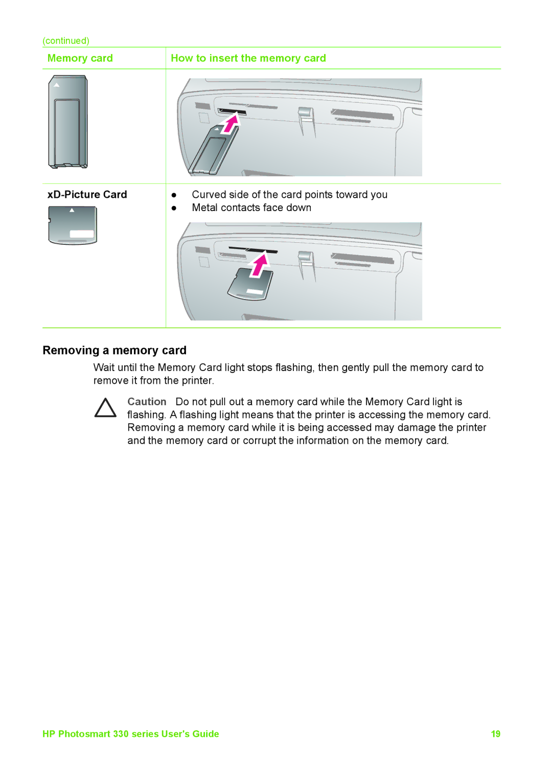 HP 330 manual Removing a memory card, Memory card How to insert the memory card, XD-Picture Card 