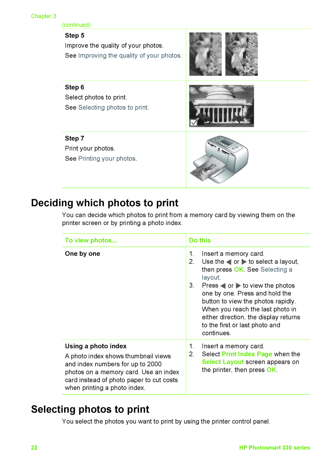 HP 330 Deciding which photos to print, Selecting photos to print, To view photos Do this, One by one, Using a photo index 