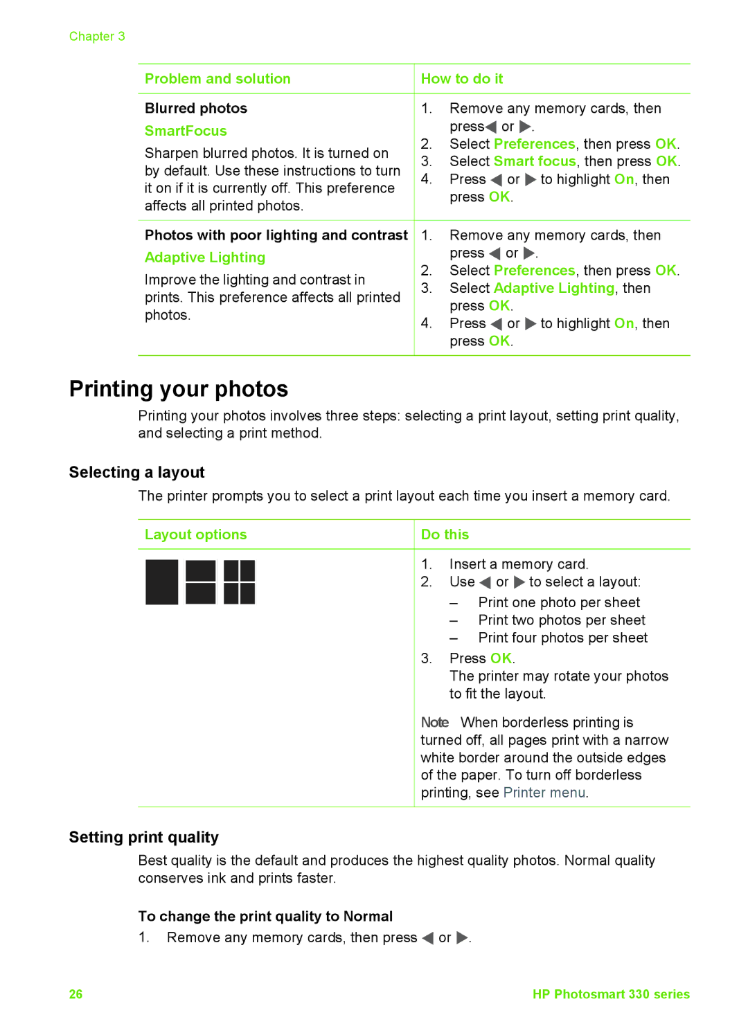 HP 330 manual Printing your photos, Selecting a layout, Setting print quality 