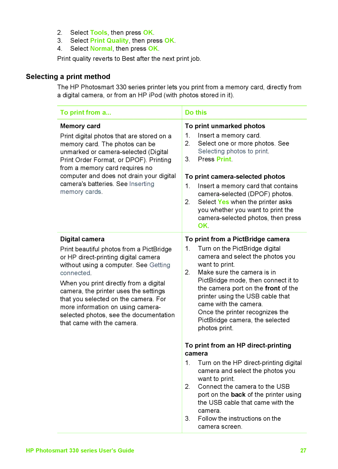 HP 330 manual Selecting a print method, To print from a 