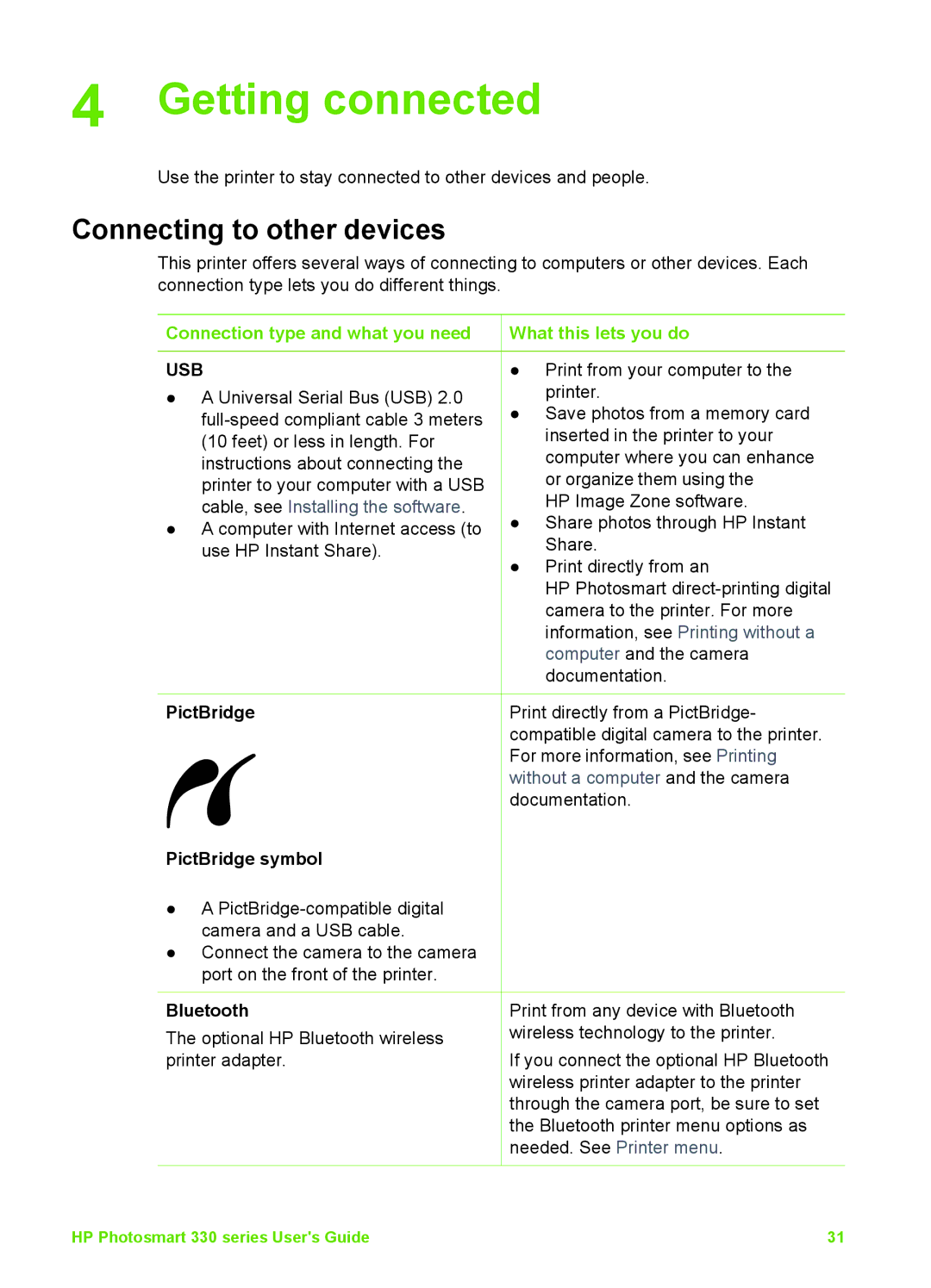 HP 330 manual Getting connected, Connecting to other devices, Connection type and what you need, What this lets you do 