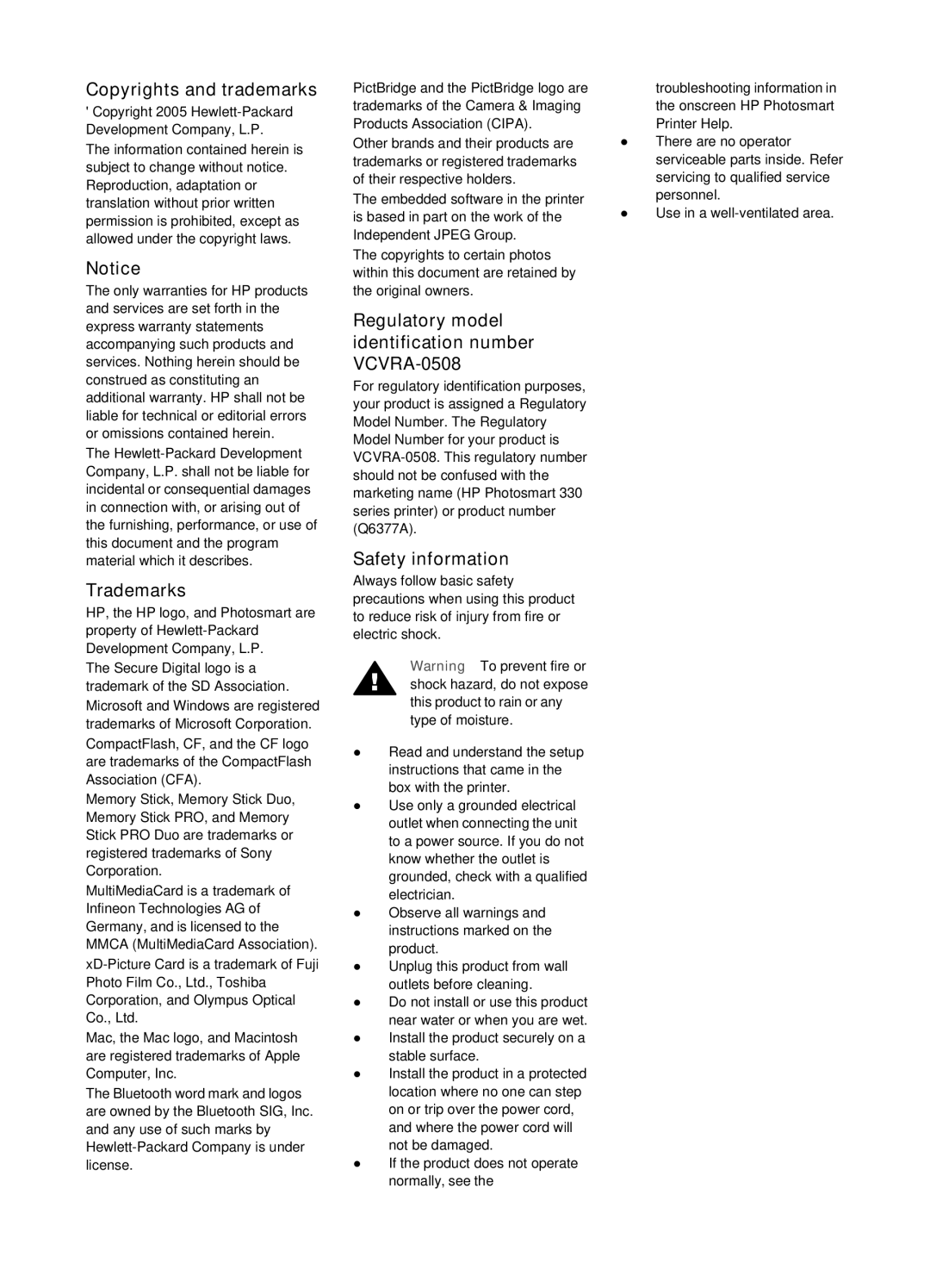 HP 330 manual Copyrights and trademarks, Trademarks, Regulatory model identification number VCVRA-0508, Safety information 