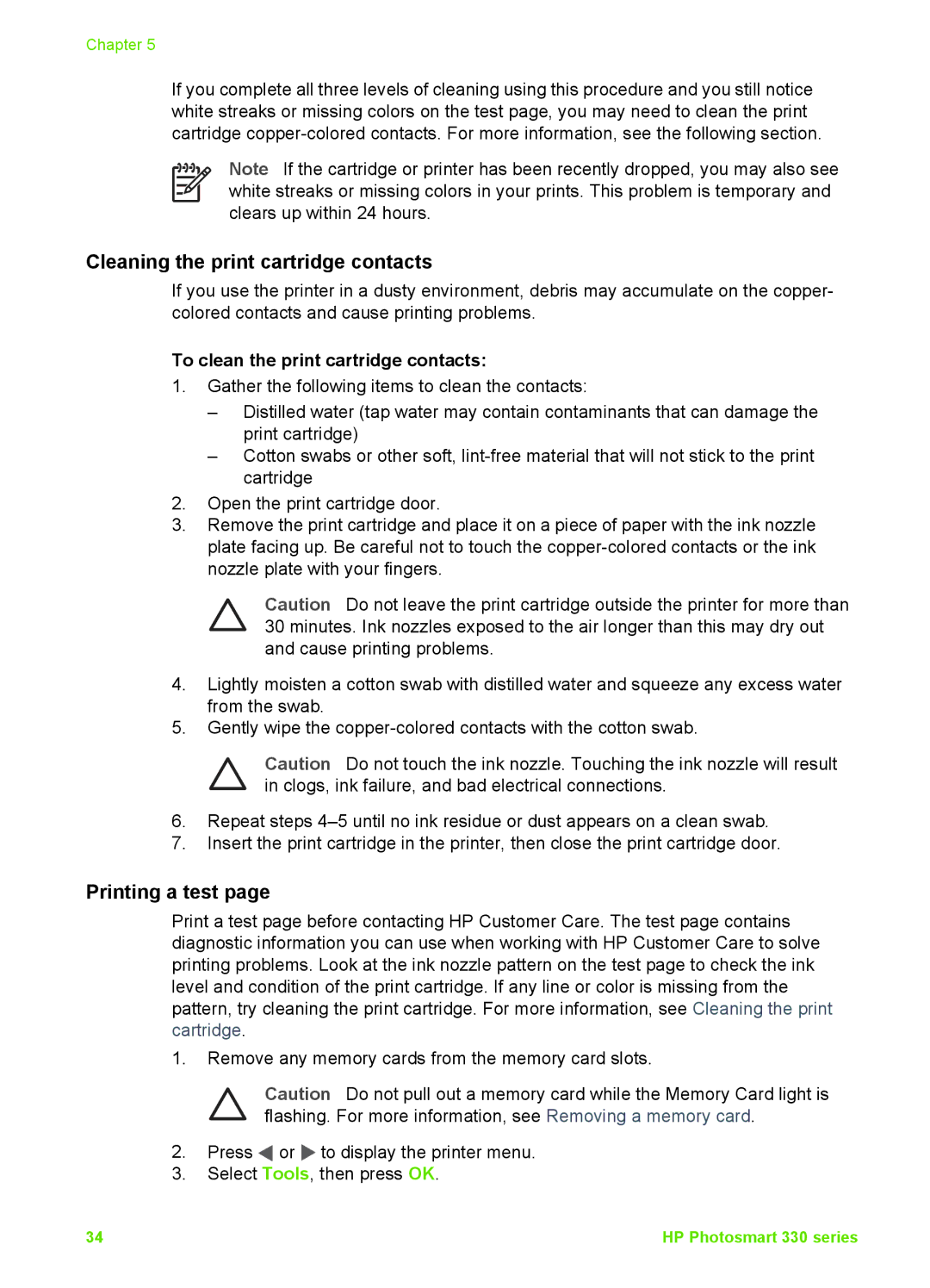 HP 330 manual Cleaning the print cartridge contacts, Printing a test, To clean the print cartridge contacts 