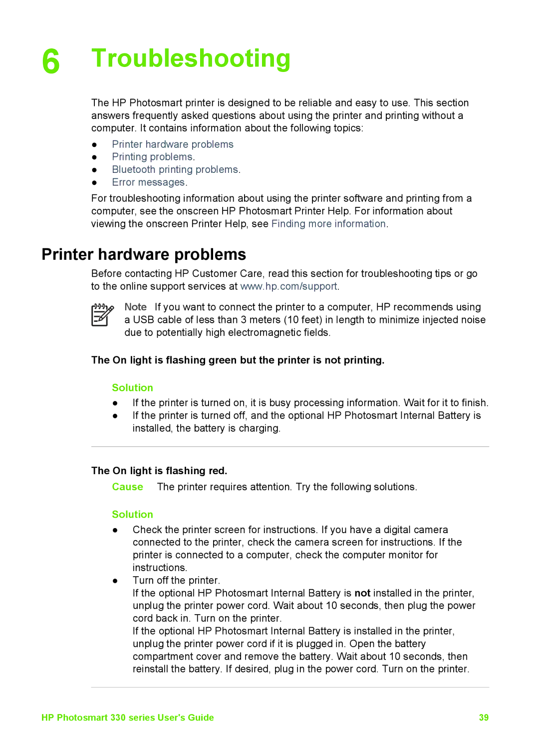 HP 330 Troubleshooting, Printer hardware problems, On light is flashing green but the printer is not printing, Solution 