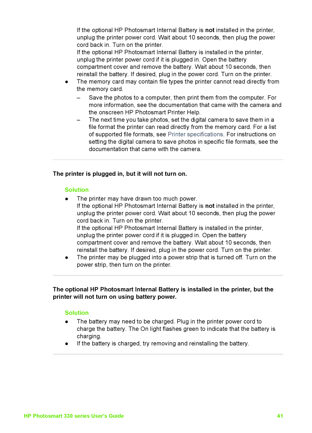 HP 330 manual Printer is plugged in, but it will not turn on 