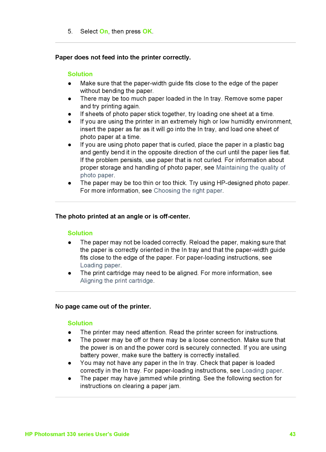 HP 330 manual Paper does not feed into the printer correctly, Photo printed at an angle or is off-center 