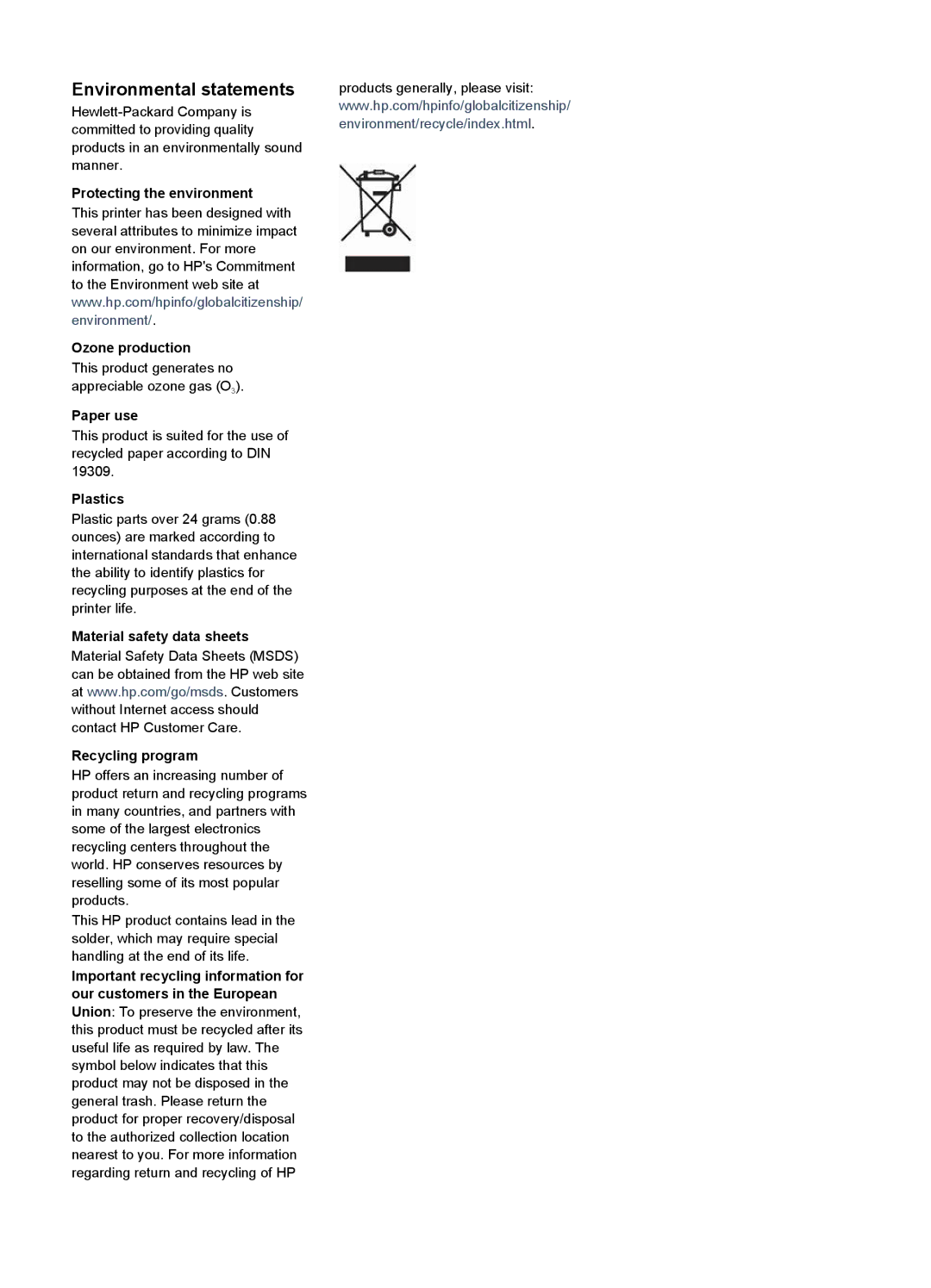 HP 330 manual Environmental statements, Plastics 