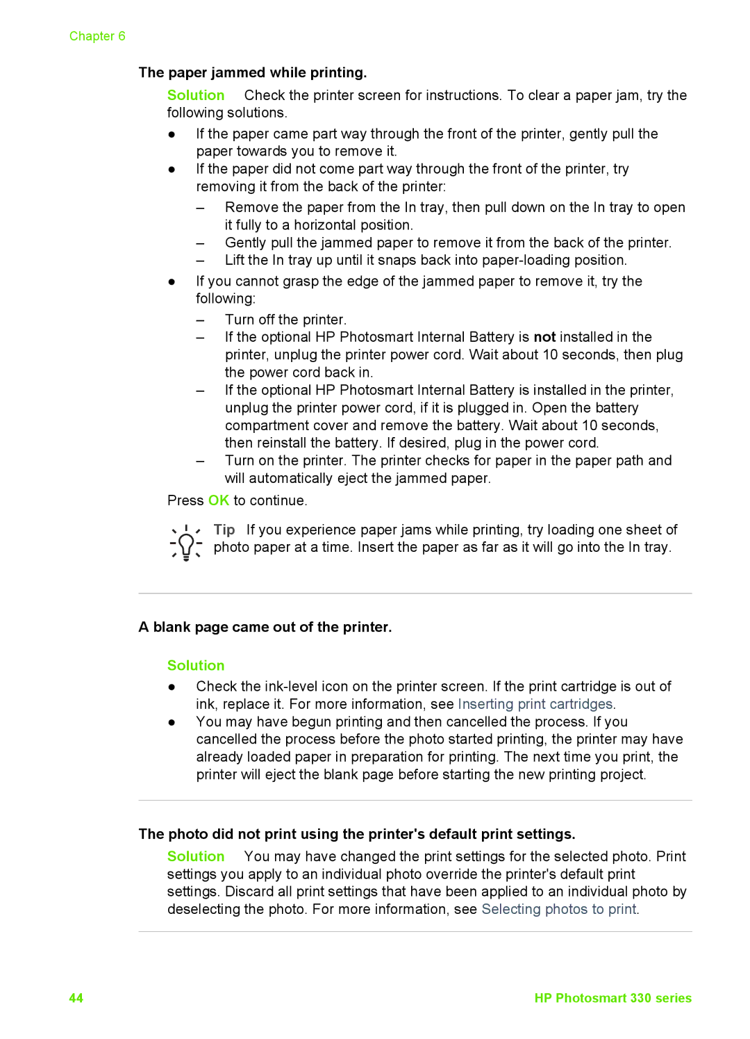 HP 330 manual Paper jammed while printing, Blank page came out of the printer 