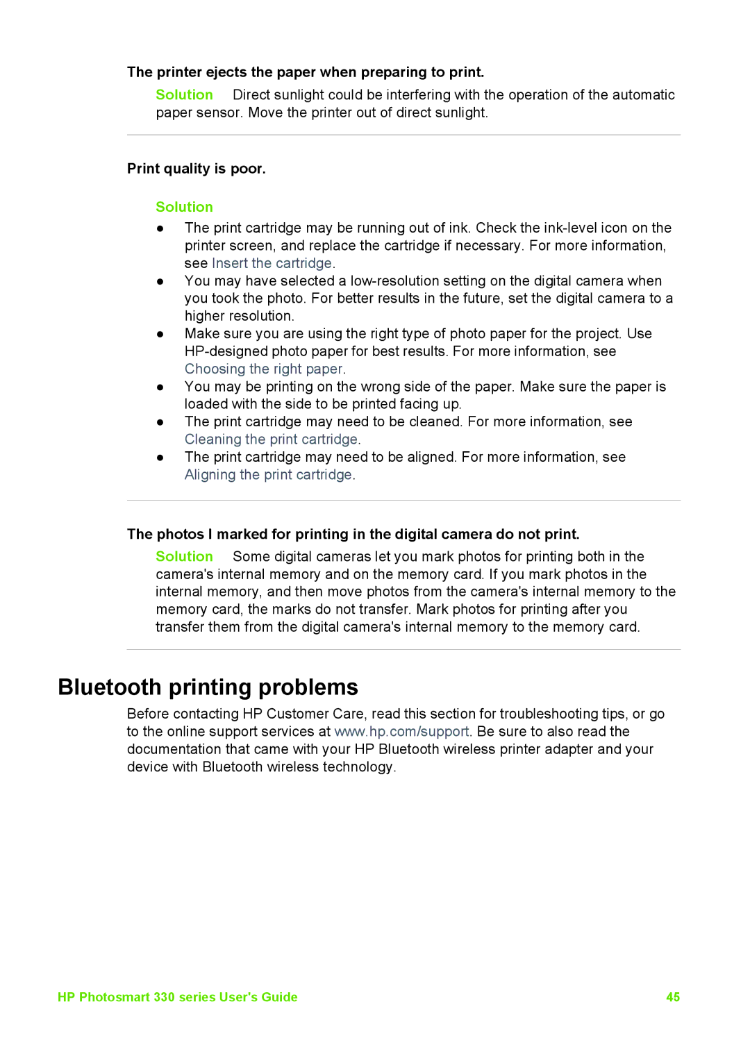 HP 330 manual Bluetooth printing problems, Printer ejects the paper when preparing to print, Print quality is poor 