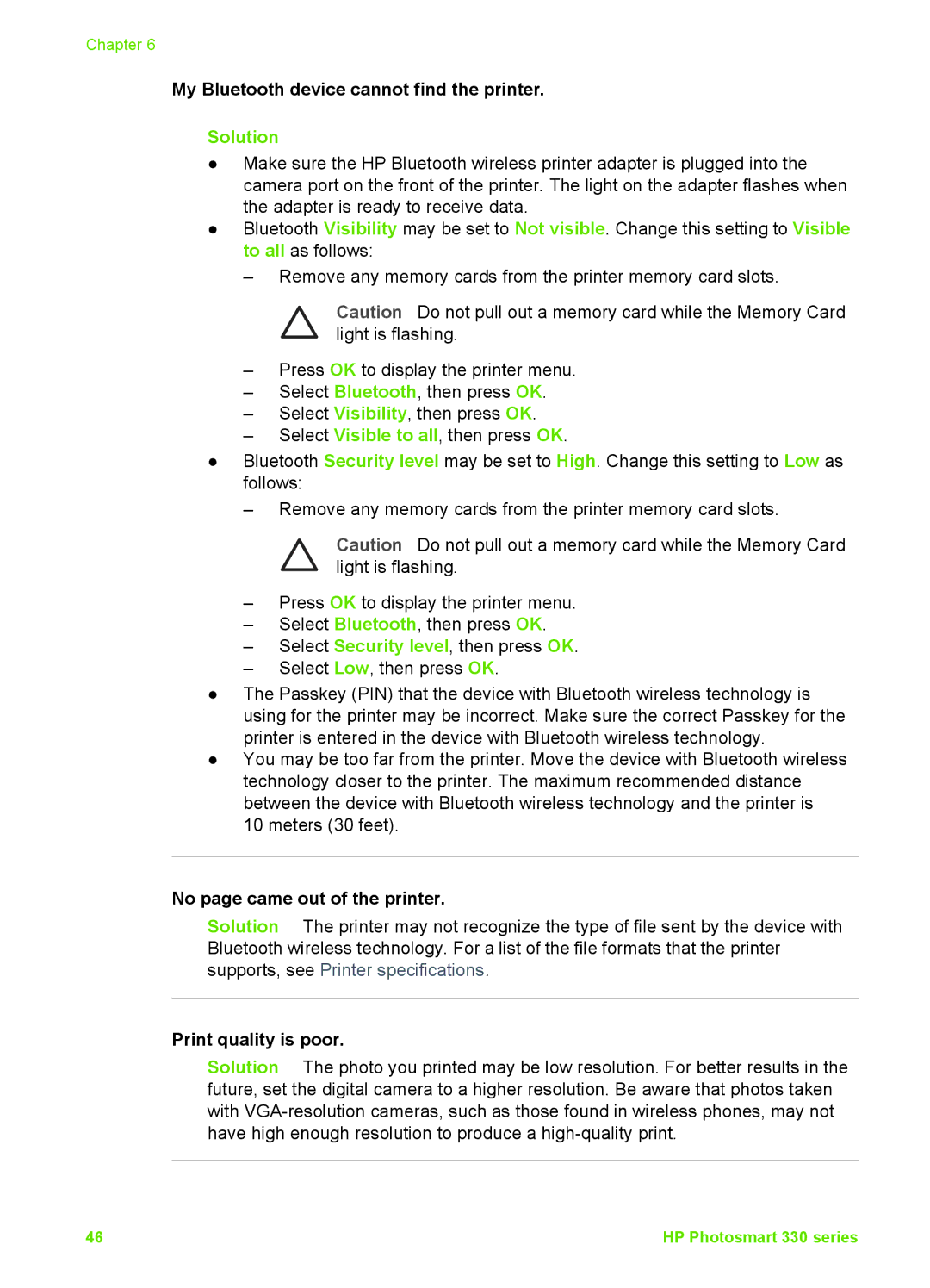 HP 330 manual My Bluetooth device cannot find the printer, No page came out of the printer 