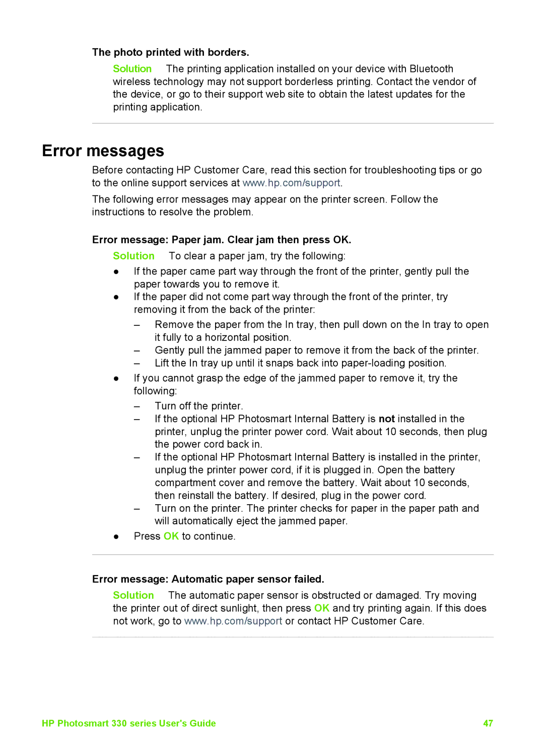 HP 330 manual Error messages, Photo printed with borders, Error message Paper jam. Clear jam then press OK 