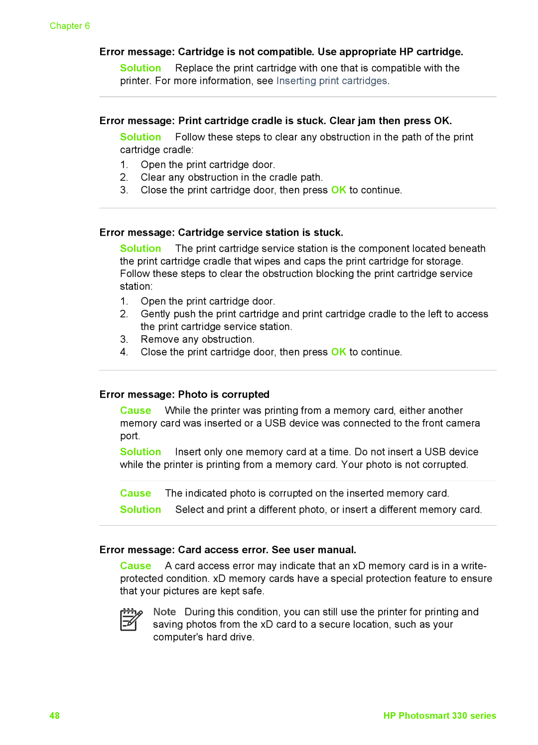 HP 330 manual Error message Cartridge service station is stuck, Error message Photo is corrupted 