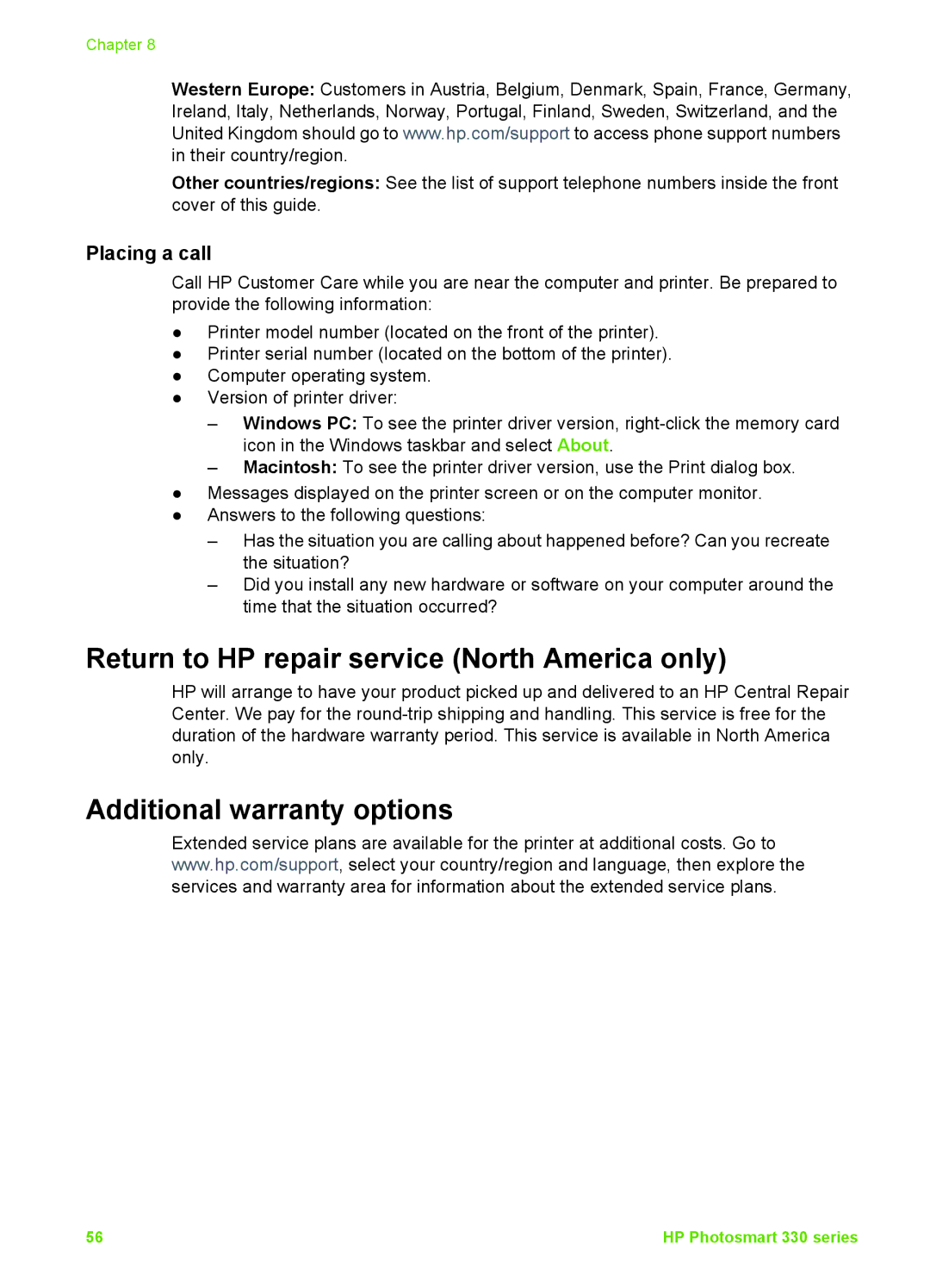 HP 330 manual Return to HP repair service North America only, Additional warranty options, Placing a call 