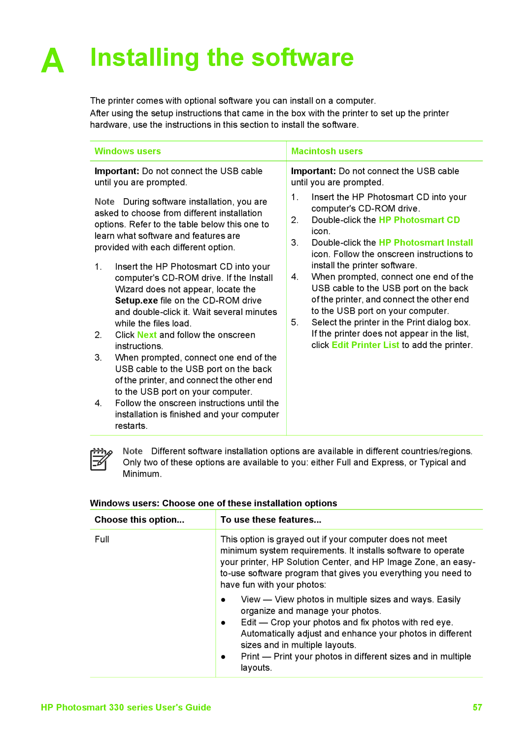 HP 330 manual Installing the software, Windows users 