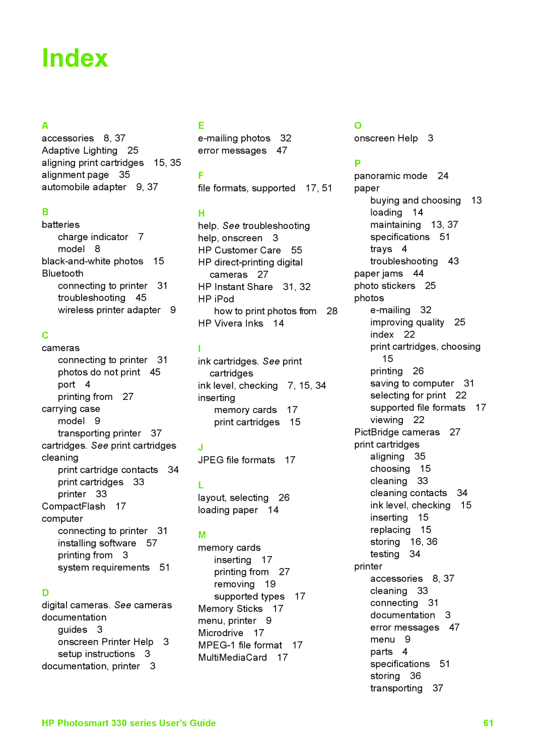 HP 330 manual Index 