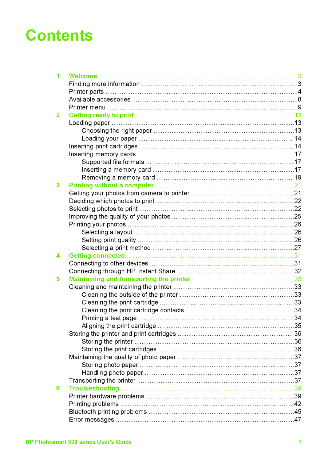 HP 330 manual Contents 