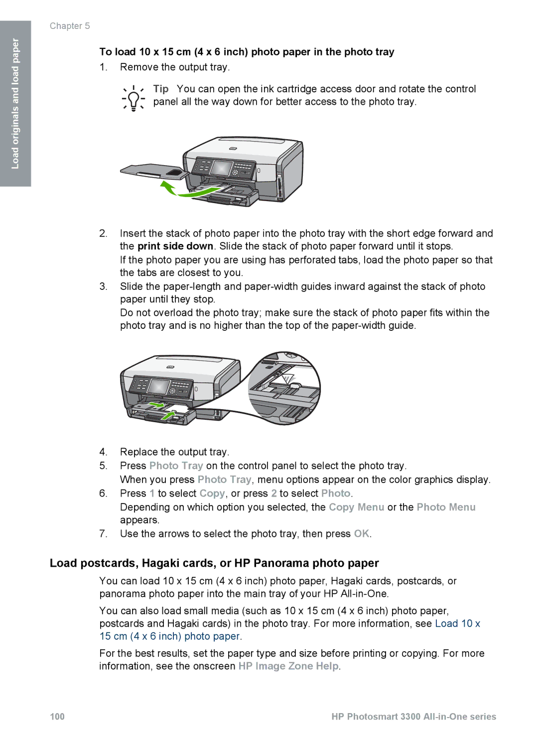 HP 3300 manual Load postcards, Hagaki cards, or HP Panorama photo paper 