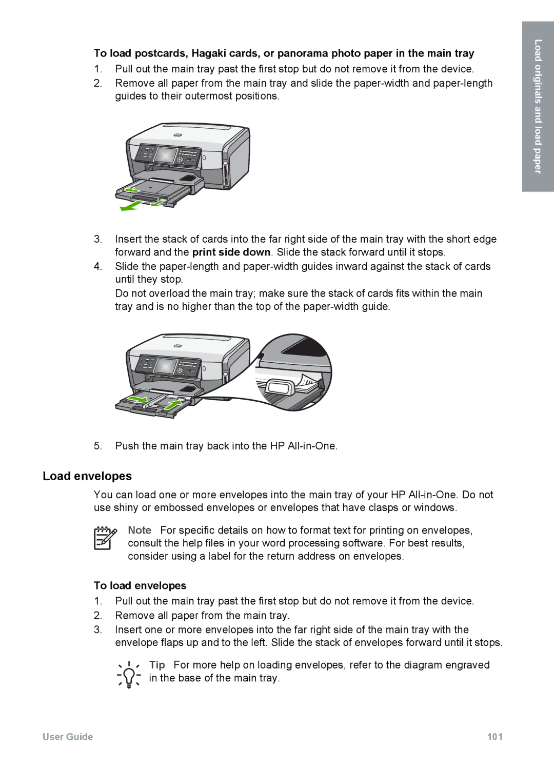 HP 3300 manual Load envelopes, To load envelopes 