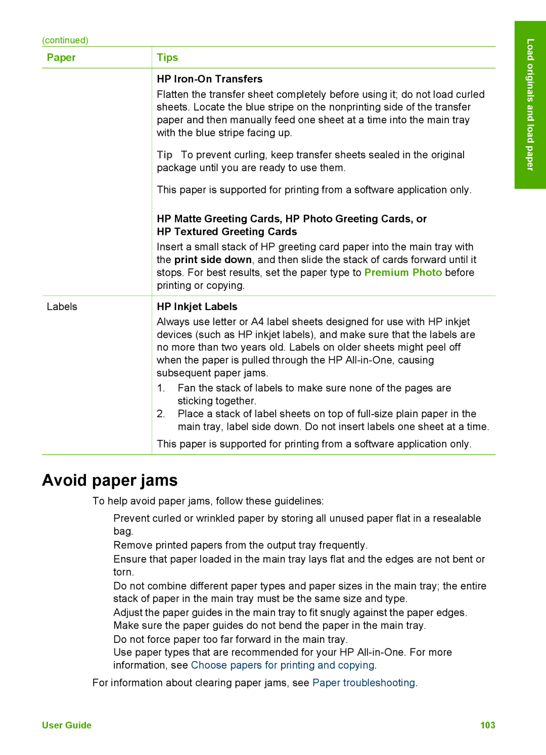 HP 3300 manual Avoid paper jams, Paper Tips 