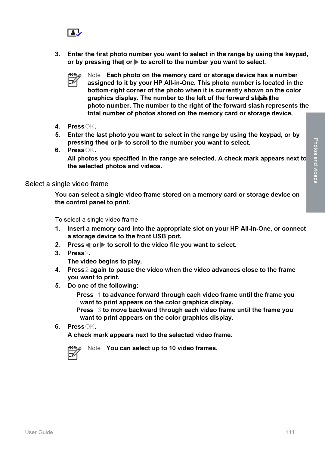 HP 3300 manual Select a single video frame, To select a single video frame 