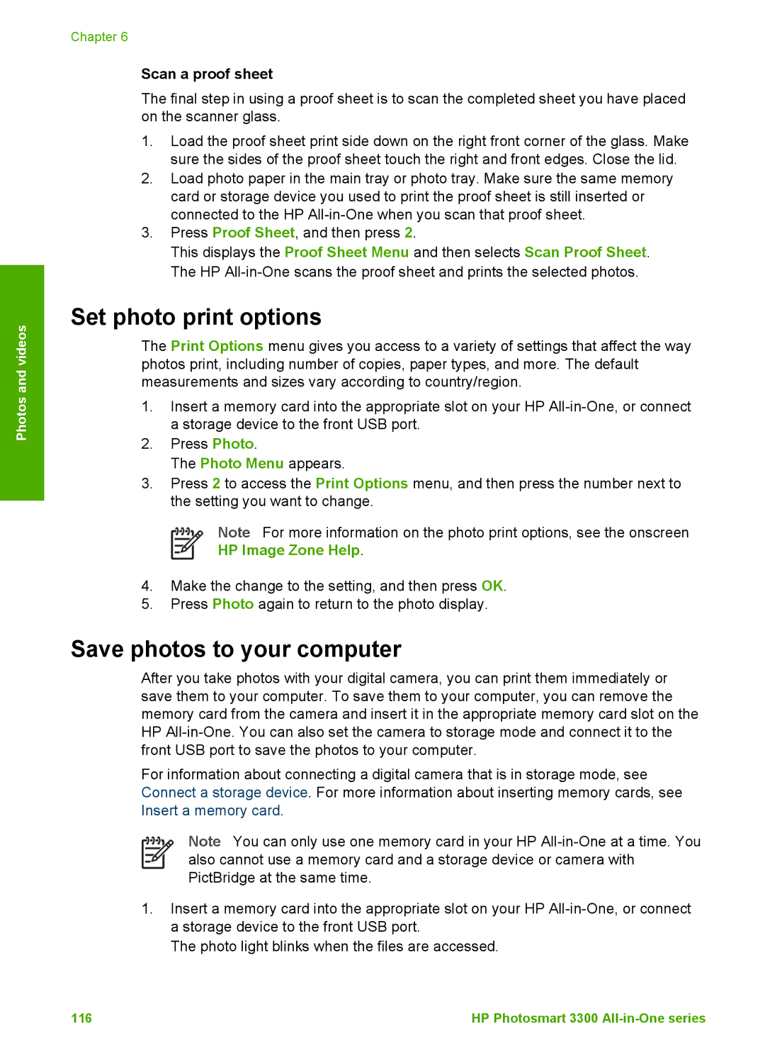 HP 3300 manual Set photo print options, Save photos to your computer, Scan a proof sheet 