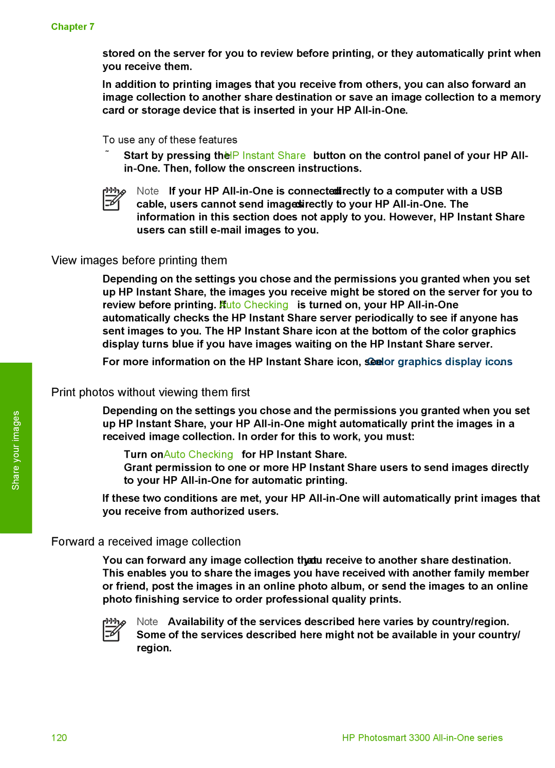 HP 3300 View images before printing them, Print photos without viewing them first, Forward a received image collection 