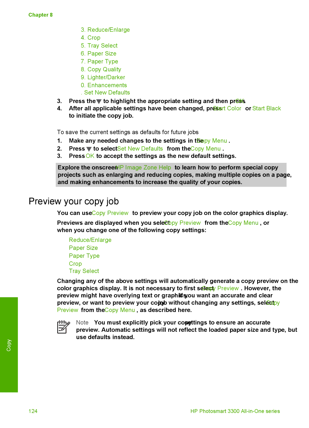 HP 3300 manual Preview your copy job, To save the current settings as defaults for future jobs 