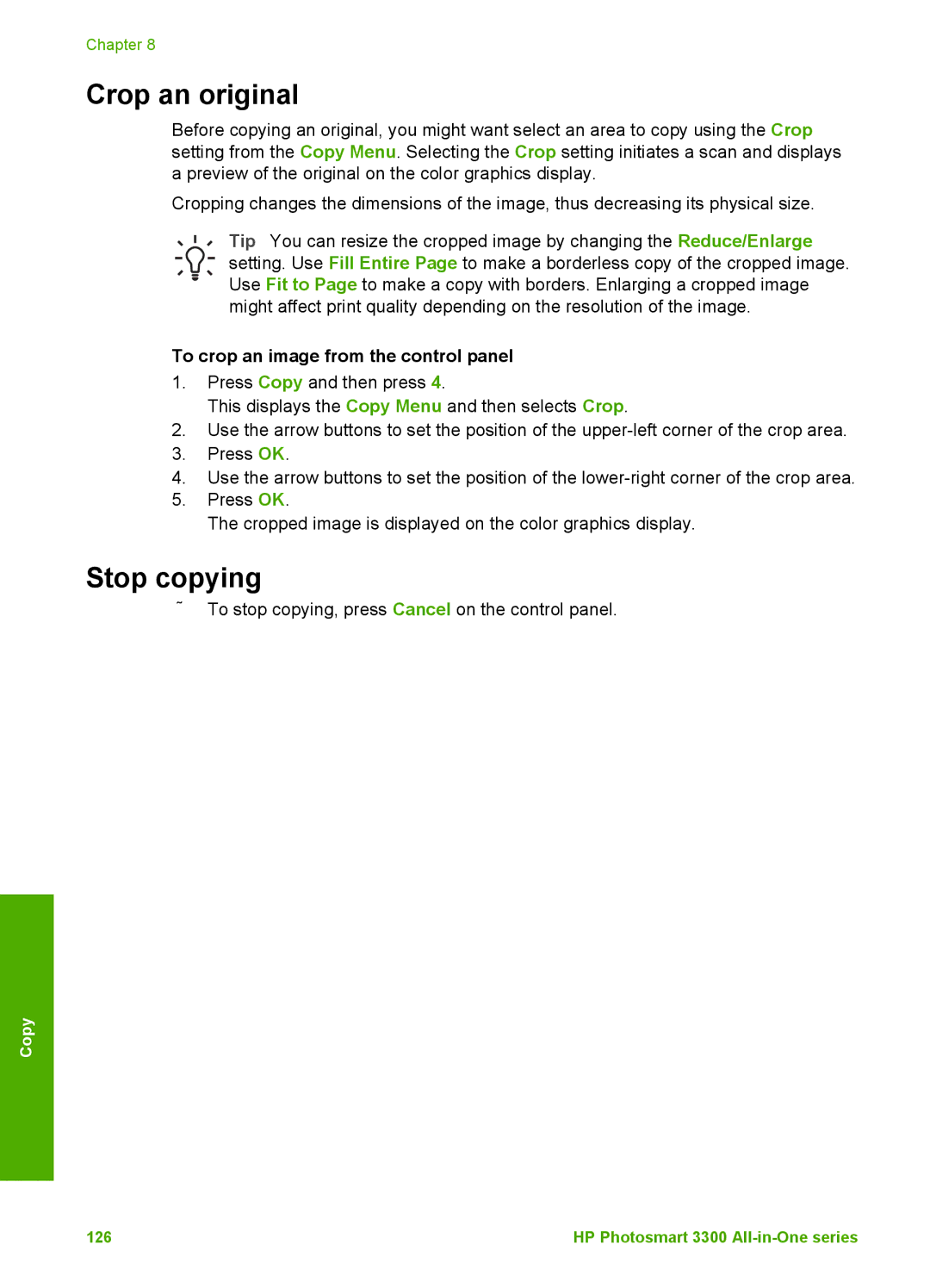 HP 3300 manual Crop an original, Stop copying, To crop an image from the control panel 
