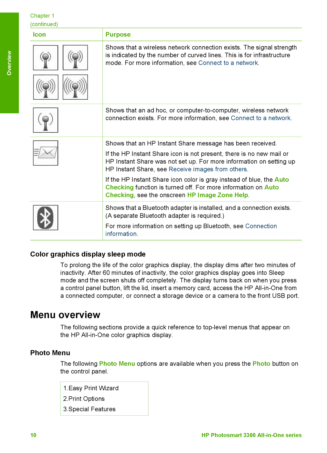 HP 3300 manual Menu overview, Color graphics display sleep mode, Photo Menu, Checking, see the onscreen HP Image Zone Help 