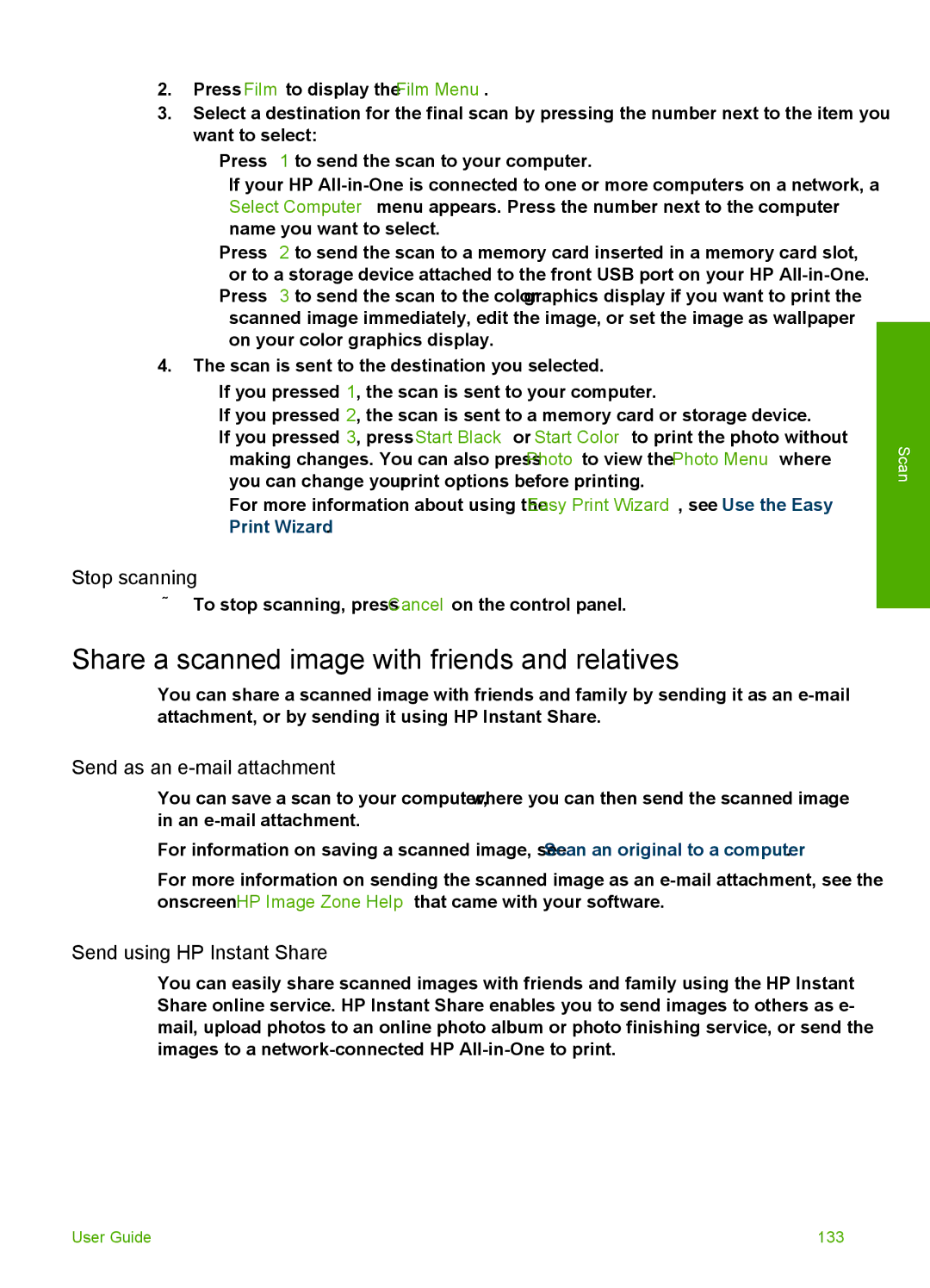 HP 3300 manual Share a scanned image with friends and relatives, Stop scanning, Send as an e-mail attachment 